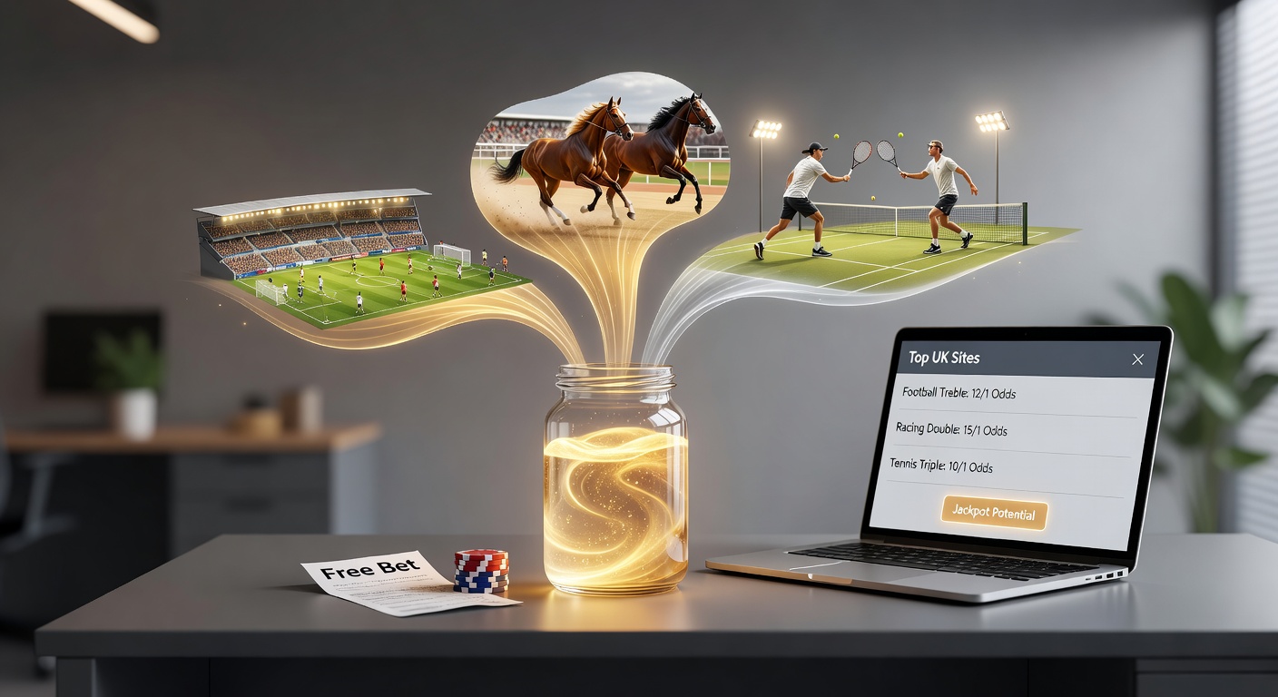 Visual breakdown of accumulator bet structures turning small free bet stakes into massive potential payouts across football, racing, and tennis events