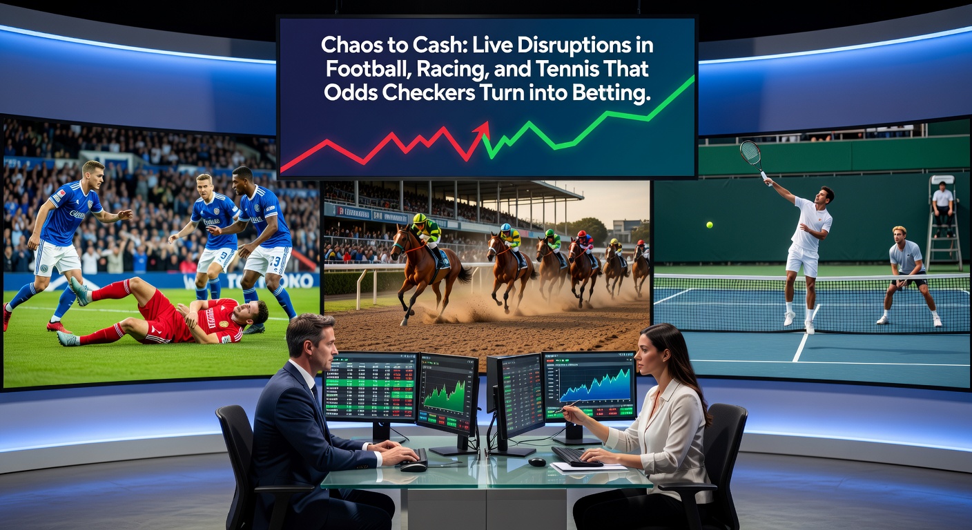 Horse racing disruption with a leader faltering amid a packed field, as live odds fluctuate wildly on comparison tools