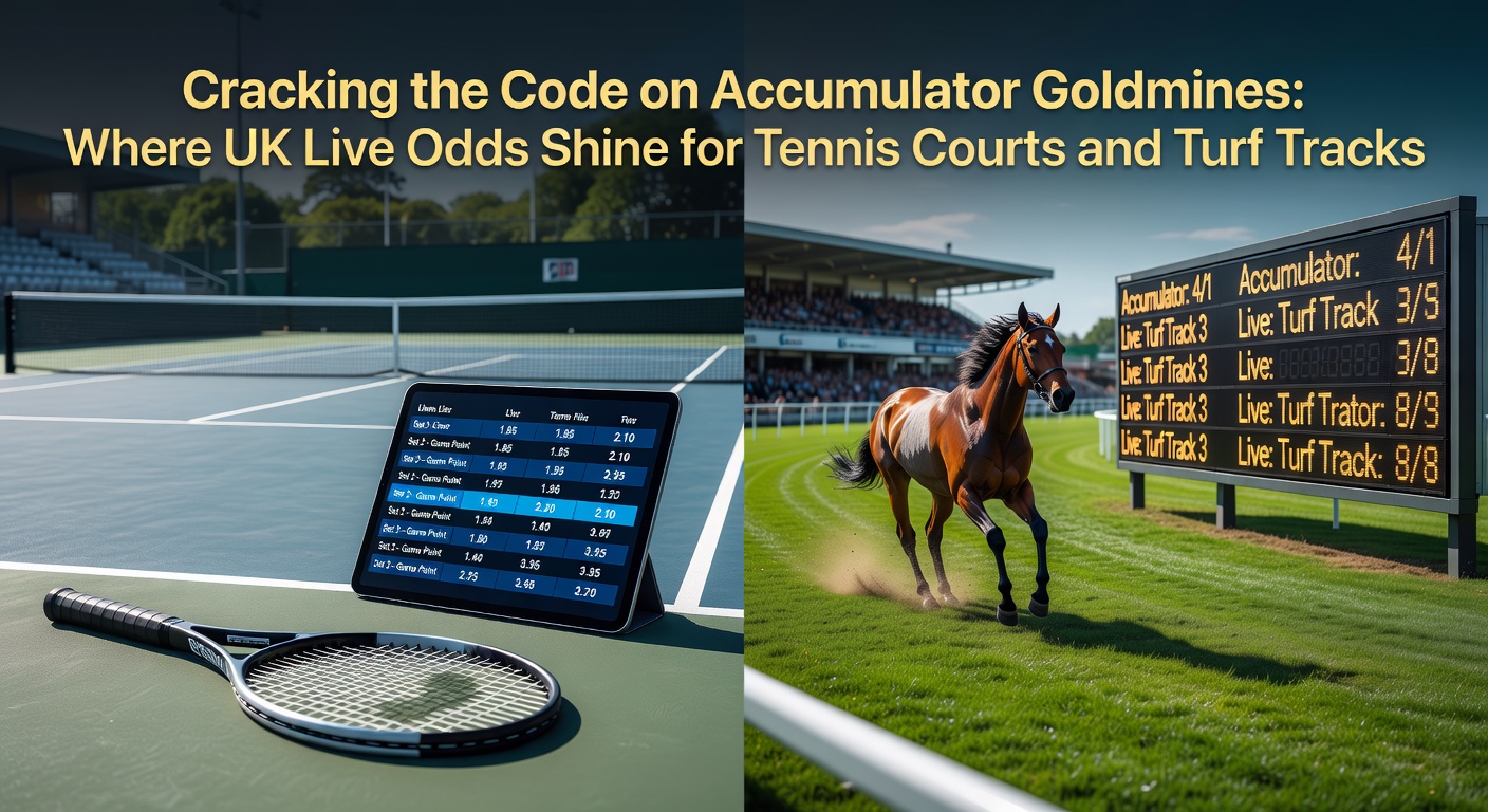 Dynamic scene of a tennis rally on clay court overlaid with fluctuating live odds displays, alongside a horse galloping on a lush turf track under sunny skies