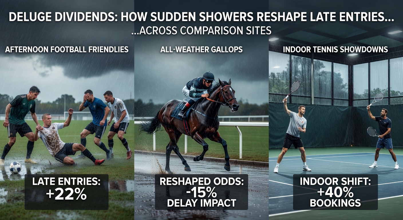 Sudden rain drenches an afternoon football friendly pitch, with players slipping and odds shifting on comparison site screens