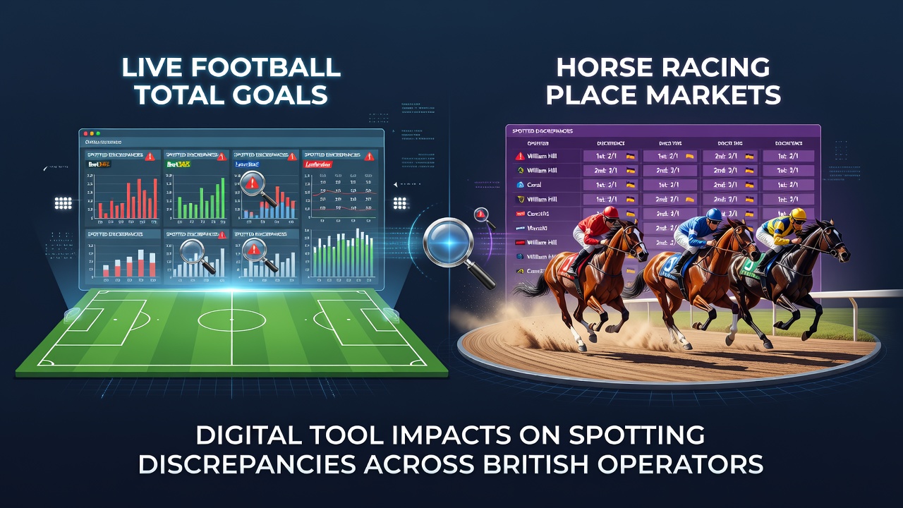 Digital comparison dashboard showing live football goal totals and horse racing place odds across multiple British operators