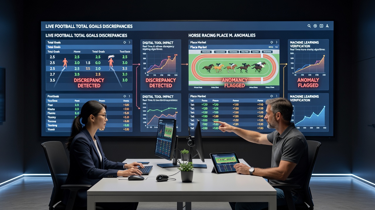 Mobile app interface displaying side-by-side discrepancies in live football totals and horse racing place odds