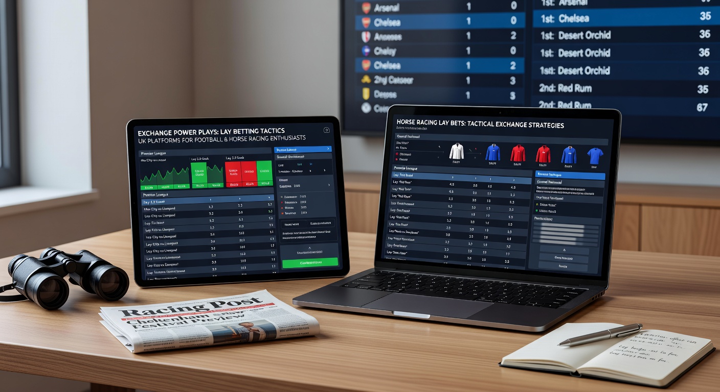 Dynamic chart showing lay betting volumes on a UK exchange platform during a Premier League match and a Cheltenham race meeting, with fluctuating odds lines for football teams and horse runners