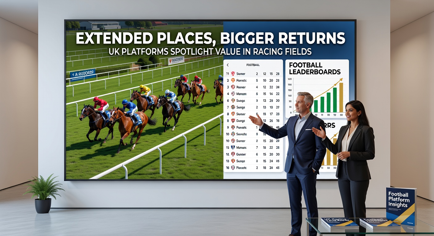Horse racing field with extended place payouts highlighted on UK betting platforms alongside football leaderboard graphics showing top scorers