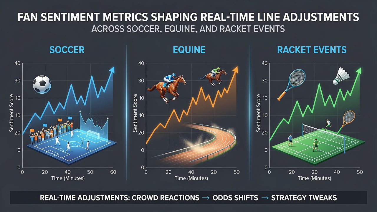 Data visualization showing real-time fan sentiment metrics influencing live betting lines in soccer, horse racing, and tennis events