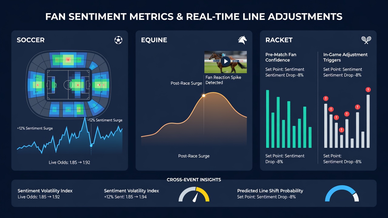 Live odds dashboard displaying sentiment-driven adjustments during an equine race and a tennis match