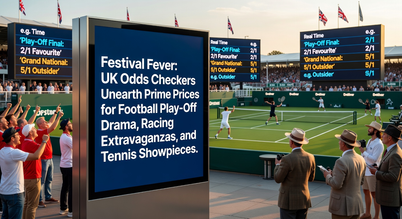 Vibrant stadium crowd during football play-off action, overlaid with racing horses thundering down the track and tennis players in intense rally, highlighting betting odds displays