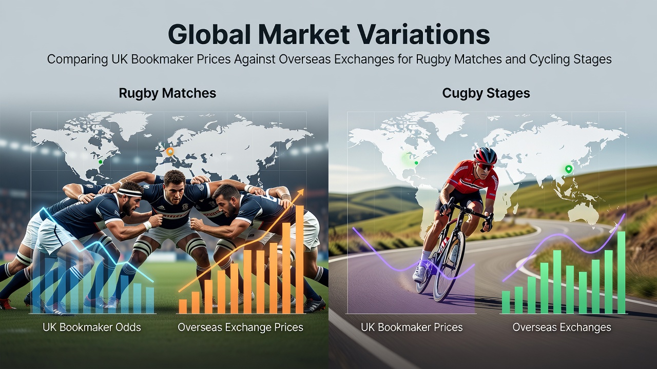 Comparison chart showing UK bookmaker odds versus overseas exchange prices for rugby and cycling events
