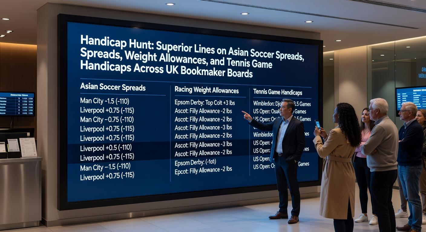Digital display showing comparative odds boards for Asian soccer handicaps, horse racing weights, and tennis game lines across multiple UK betting platforms