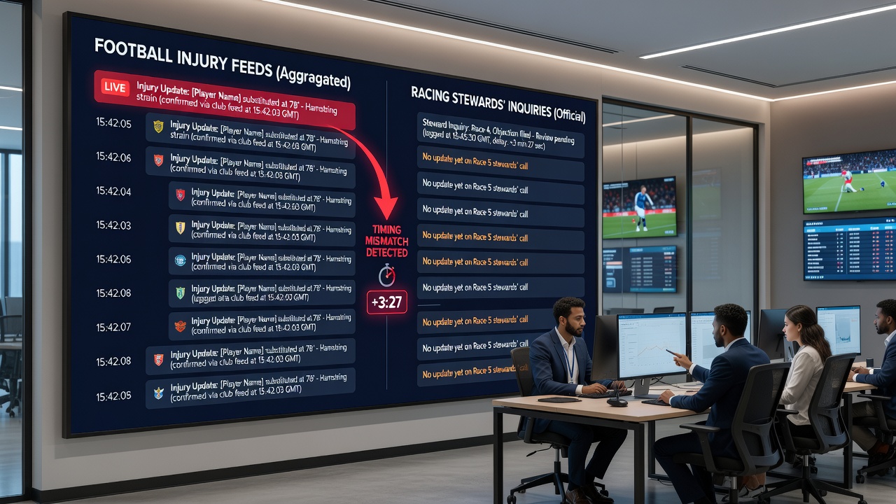Close-up of aggregator interface highlighting timing differences between a football injury alert and a racing stewards inquiry notification