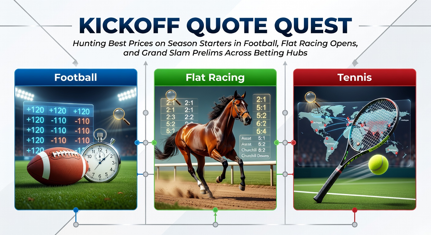 Bettors scanning multiple screens for the best opening odds on football pitches, racing tracks, and tennis courts during season kickoffs