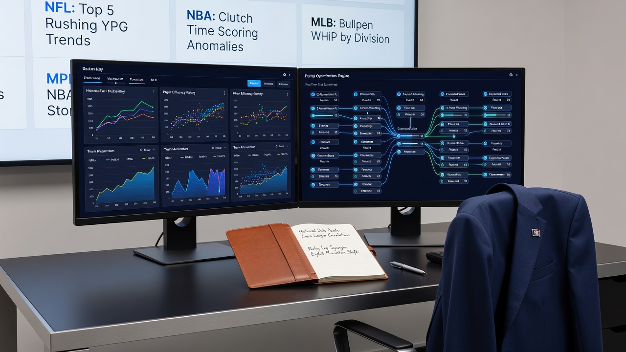 Data visualization tools and spreadsheets analyzing combined football and horse racing statistics for parlay optimization