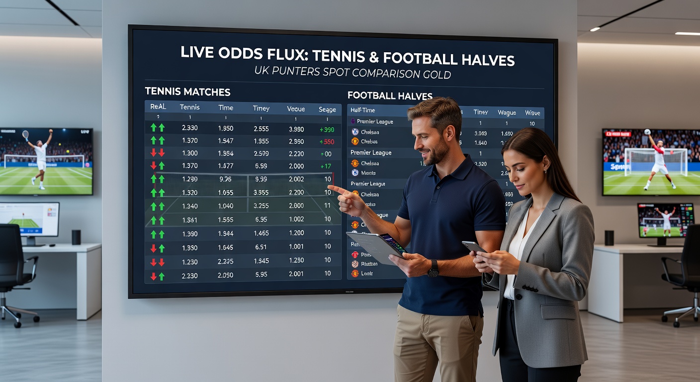 Split-screen view of a Premier League halftime odds board, illustrating flux in second-half markets across competing UK bookmakers during a tense draw