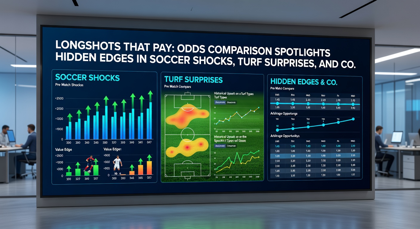 Dramatic photo of a horse crossing the finish line ahead of favorites in a major turf race, with overlaid odds comparison data showing bookmaker discrepancies