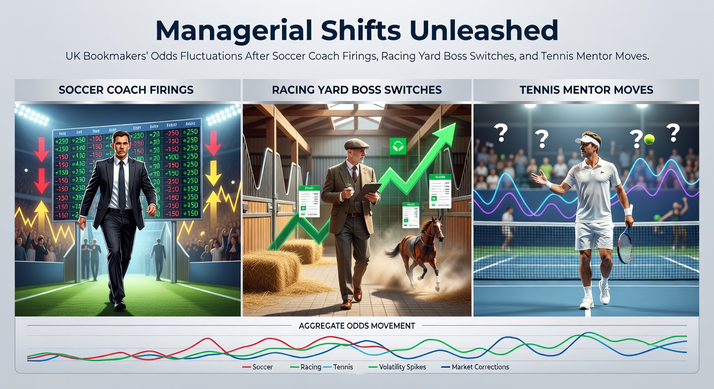 Soccer coach at press conference announcing departure, with overlaid bookmaker odds screens showing dramatic shifts in team futures