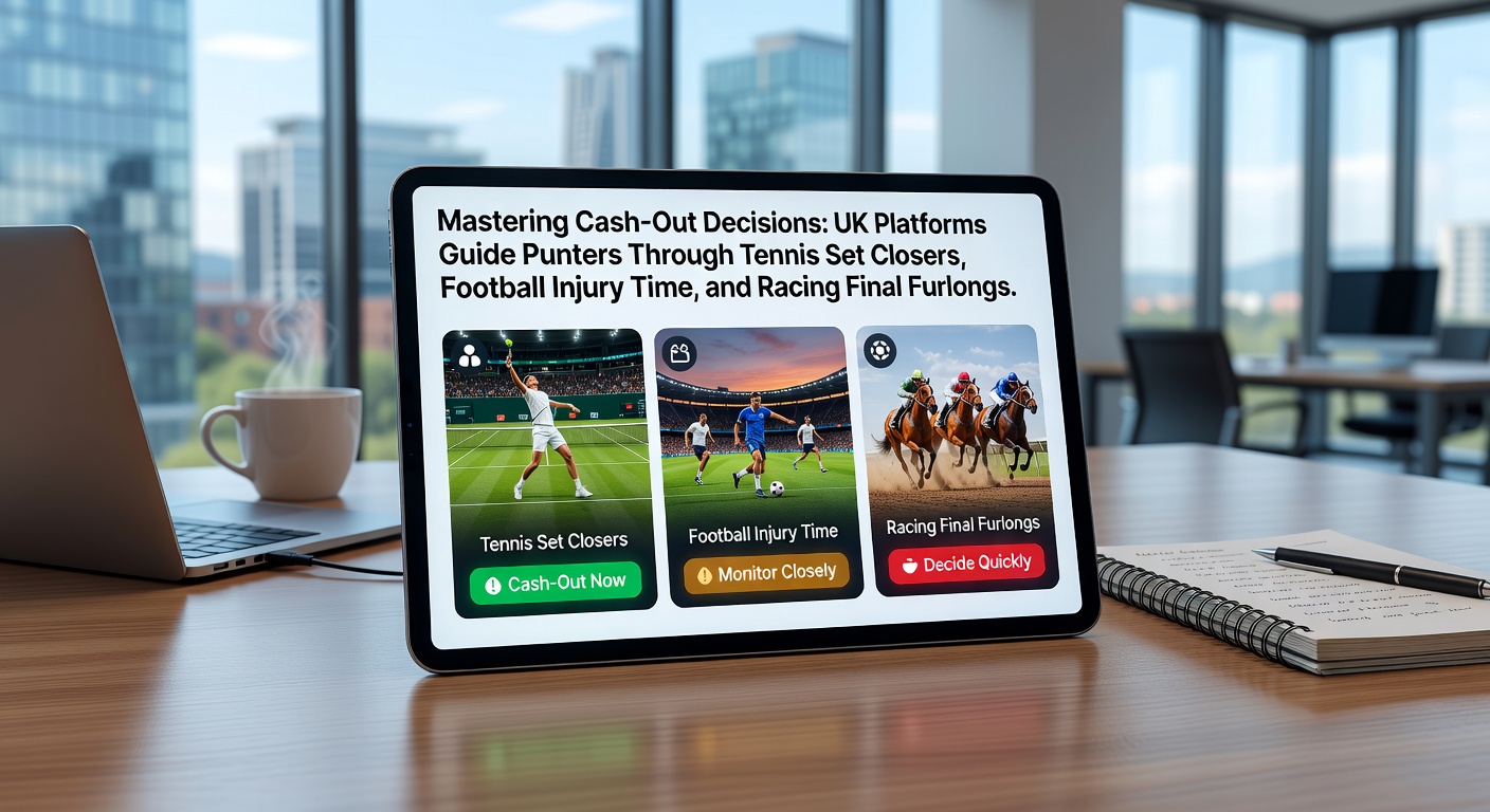 Tense moment in a tennis set closer with a punter checking cash-out options on a UK betting app, screen glowing amid a packed stadium crowd