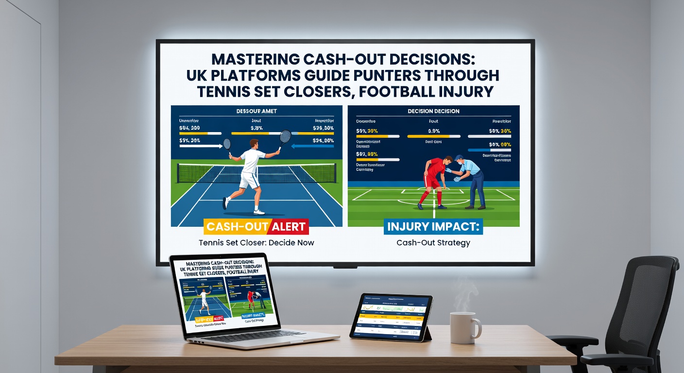 Football match in added injury time with players scrambling, overlaid by a UK platform's cash-out screen showing live odds adjustments