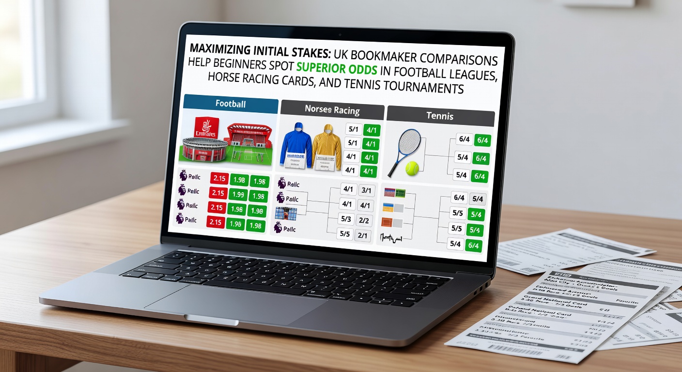 Beginners analyzing bookmaker odds on screens for football, racing, and tennis events, highlighting comparison tools and superior lines
