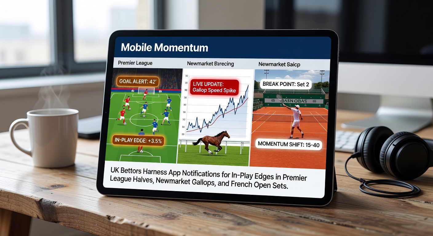 UK bettor glancing at smartphone notifications during a live Premier League match, capturing real-time in-play betting opportunities