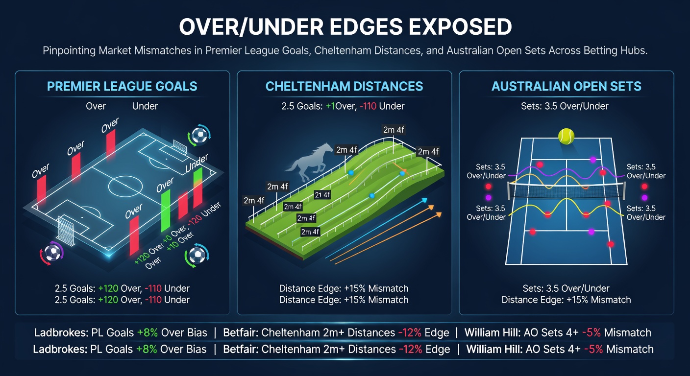 Graph showing over/under line discrepancies across betting sites for Premier League matches, with lines diverging on total goals