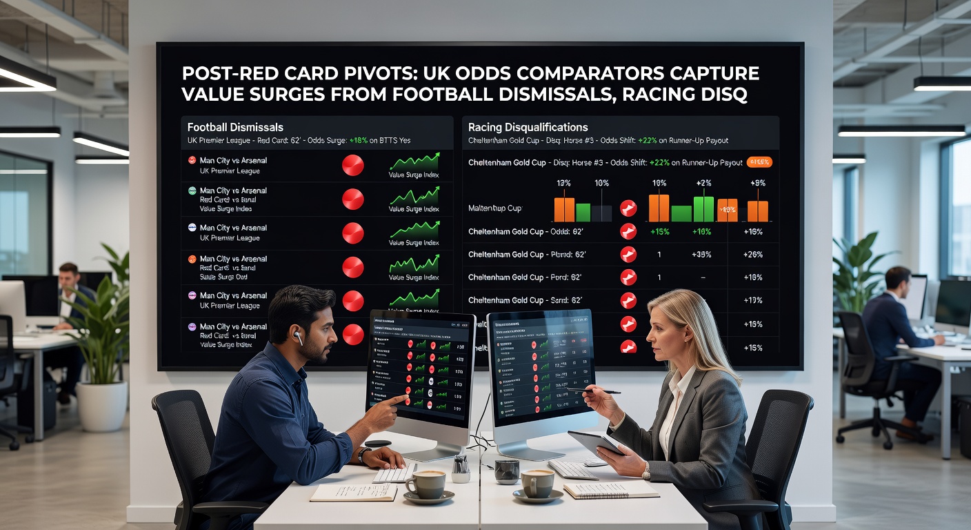 Split-screen showing a horse racing disqualification inquiry board, a tennis player arguing with an umpire over a code violation, and a UK odds comparator dashboard highlighting surging lines post-event