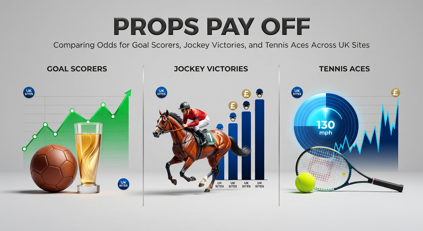 A dynamic split image showing a soccer player celebrating a goal, a jockey crossing the finish line on horseback, and a tennis player serving an ace, with overlaid odds comparison charts from UK betting platforms
