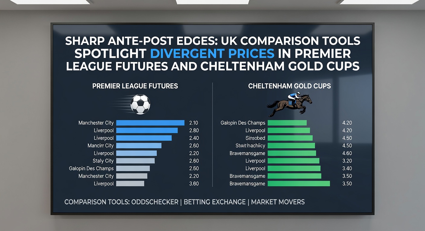 Comparison tool dashboard displaying divergent ante-post odds for Premier League outright winner markets and Cheltenham Gold Cup entries, highlighting price spreads across major UK bookmakers