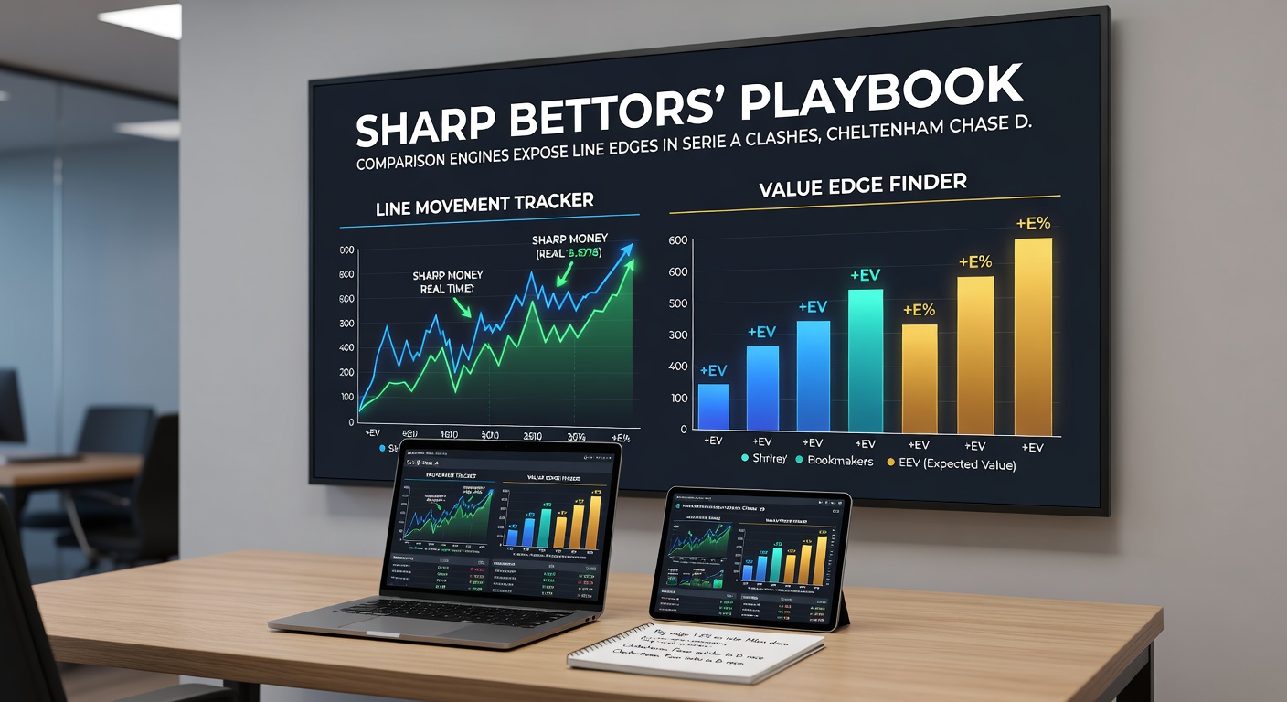 Dynamic odds comparison dashboard highlighting edges in a live Cheltenham chase alongside Serie A and Wimbledon markets