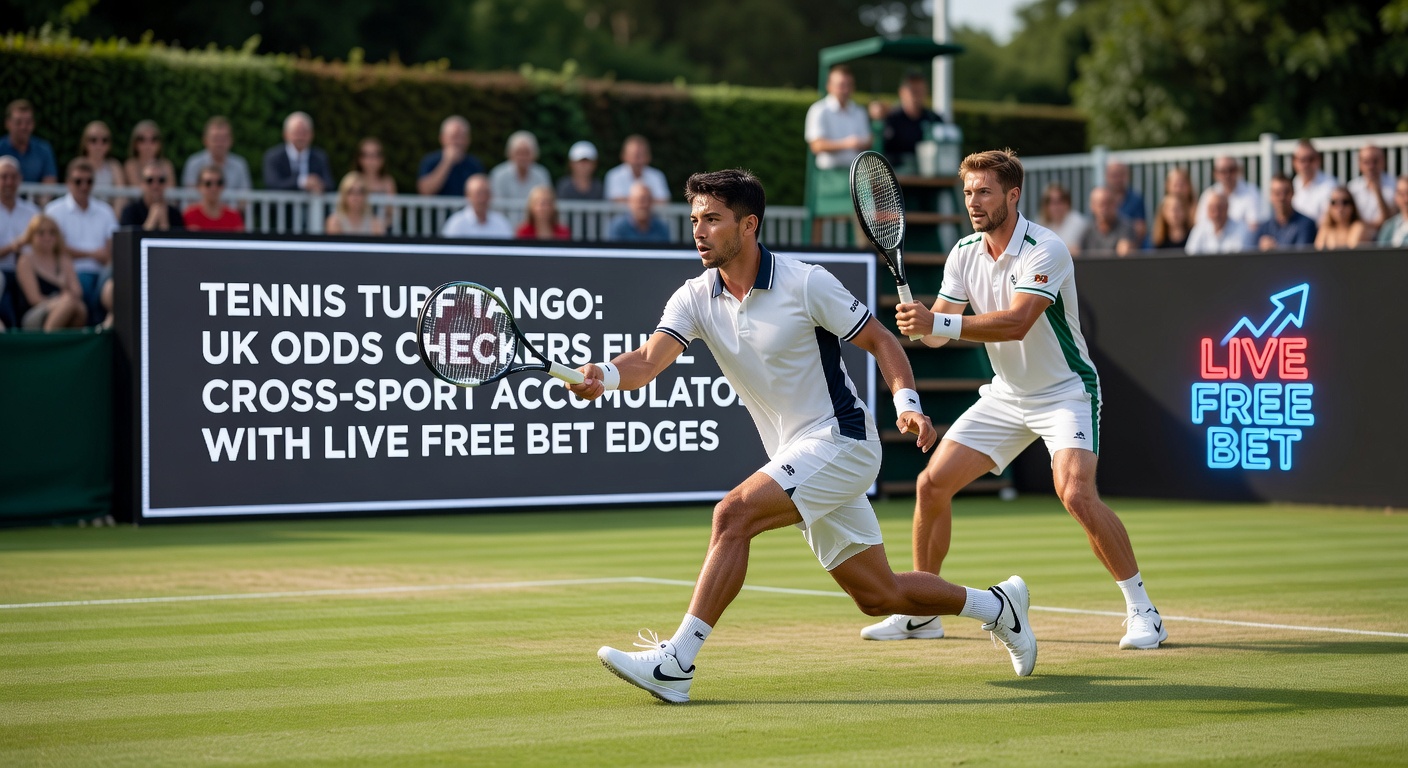 Dynamic scene of a tennis rally merging with a horse racing finish line, highlighting the fast-paced odds shifts UK punters chase in accumulators