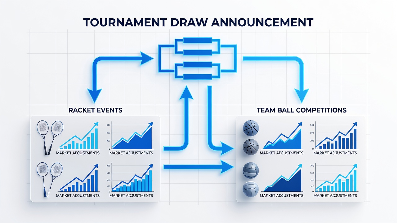 Tournament draw announcement impacting racket and team ball event markets with visible odds boards and player brackets