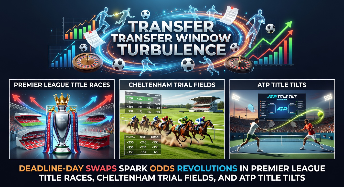 Chaotic deadline day scene with Premier League players signing contracts amid flashing cameras and bookmakers adjusting odds boards in real time