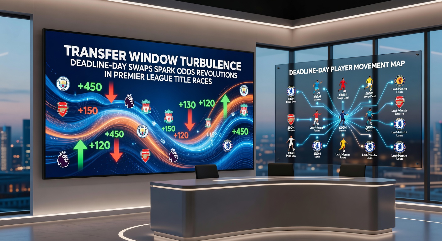 Split-screen of a horse galloping in a Cheltenham trial, tennis player mid-serve on clay, and Premier League transfer announcement graphic with exploding odds charts