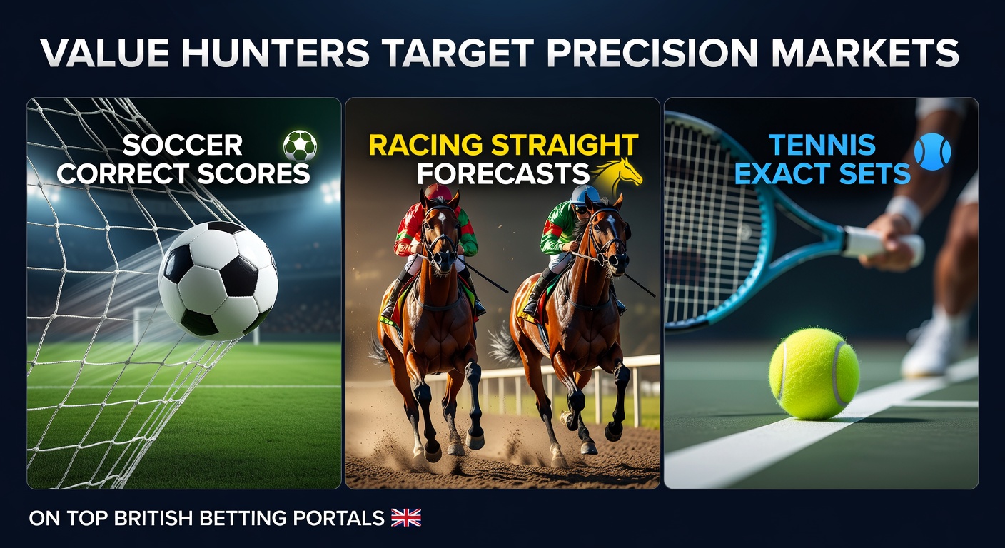 Soccer pitch with scoreboard showing a precise correct score, overlaid with racing horses crossing the finish line and tennis players in a tight set match, highlighting value betting opportunities on UK portals