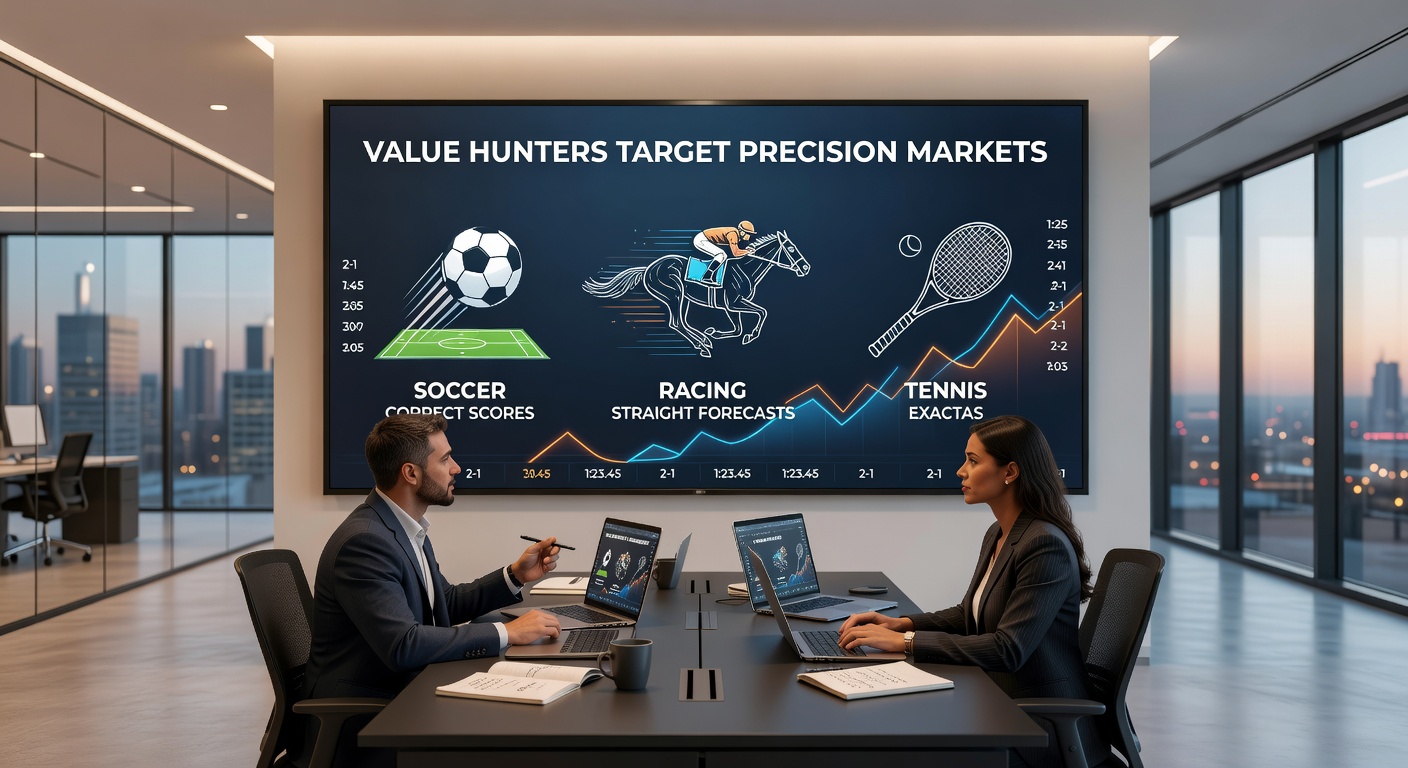 Close-up of horse racing photo finish with straight forecast odds displayed, alongside tennis scoreboard locked at exact sets and a soccer correct score ticker, capturing the thrill of precision betting