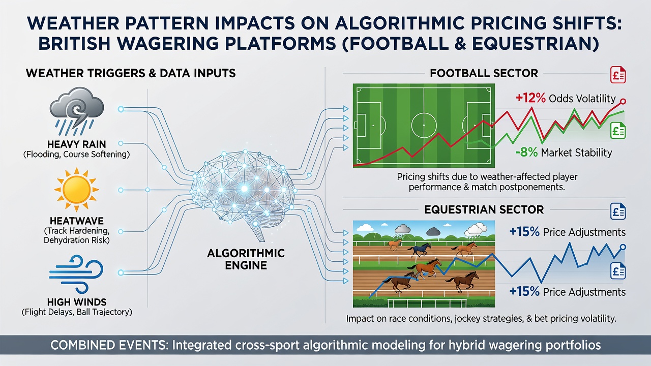 Weather data overlays on betting interfaces showing algorithmic adjustments for football pitches and equestrian tracks during variable conditions