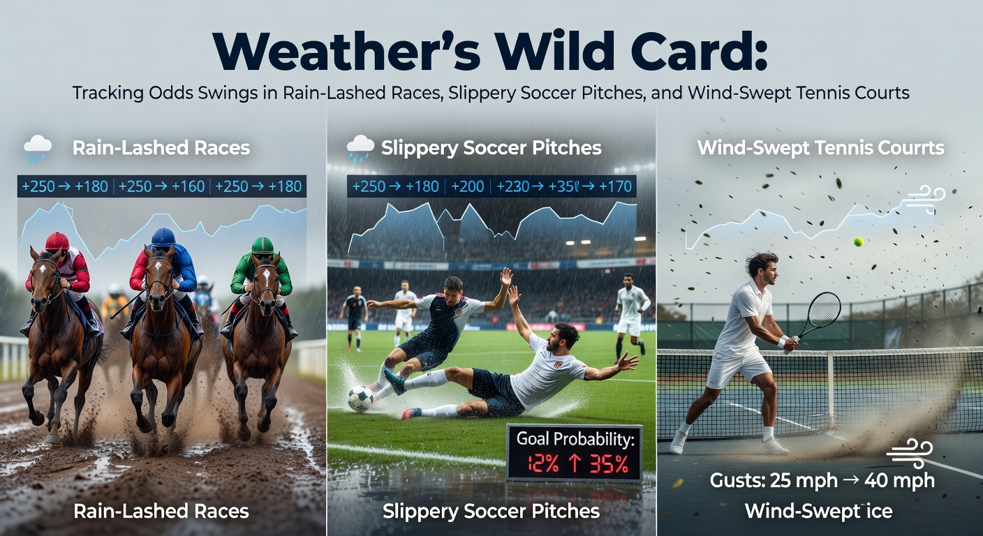 Heavy rain drenching a horse racing track, with jockeys navigating muddy conditions under dark skies