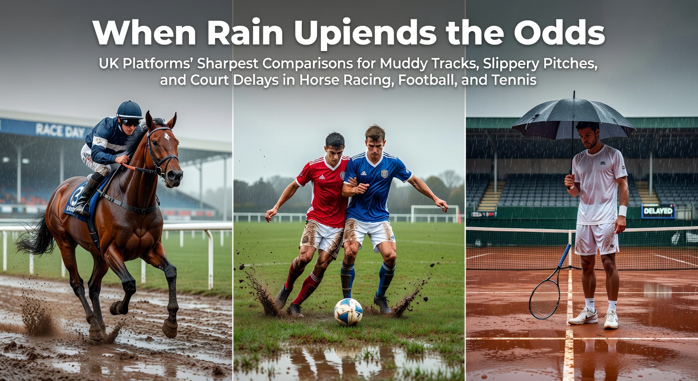 Horses charging through a rain-drenched muddy track during a UK race meeting, water splashing from hooves as punters watch odds shift on screens